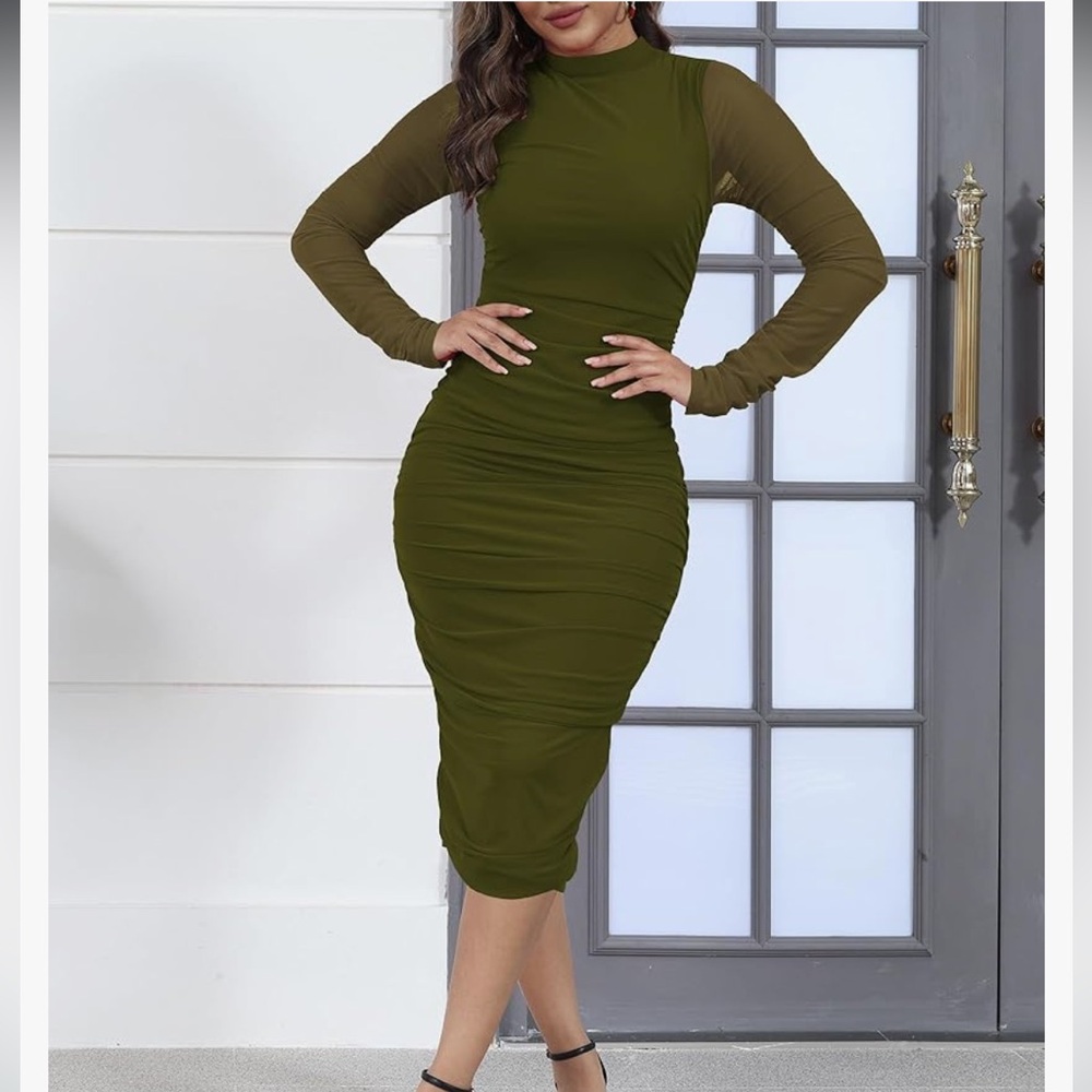 Olive green mesh fitted dress